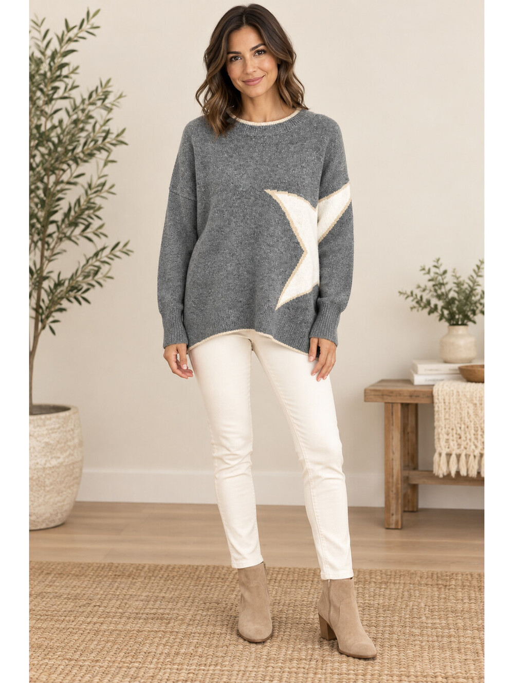 Vince Camuto Women's PS Gray Ivory Star Oversized Pullover Sweater Petite EUC